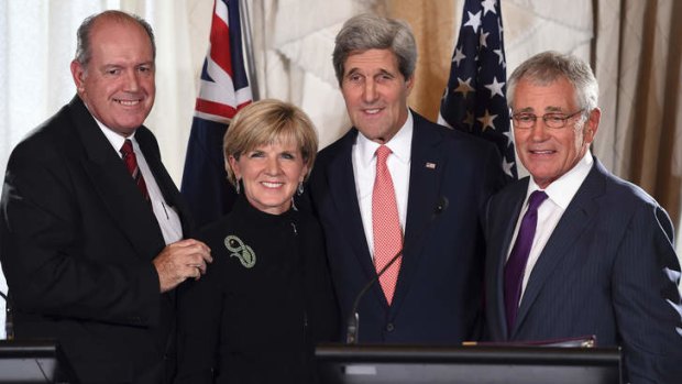 Australian Defence Minister David Johnston (left), with Foreign Minister Julie Bishop, US Secretary of State John Kerry and U.S. Secretary of Defence Chuck Hagel on Tuesday.