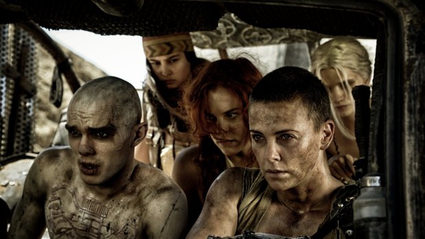 Action from the new Mad Max: Fury Road, starring Riley Keough, Courtney Eaton, Charlize Theron, Nicholas Hoult and Abbey Lee Kershaw.