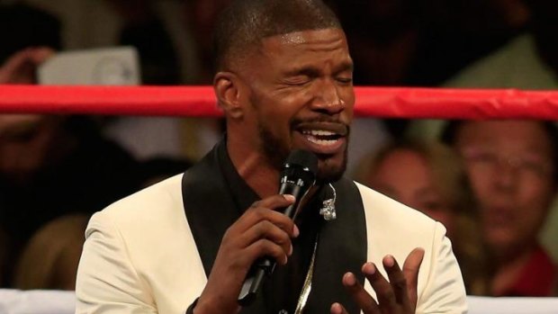 Jamie Foxx singing the American national anthem before the welterweight unification championship bout between Floyd Mayweather Jnr and Manny Pacquiao.