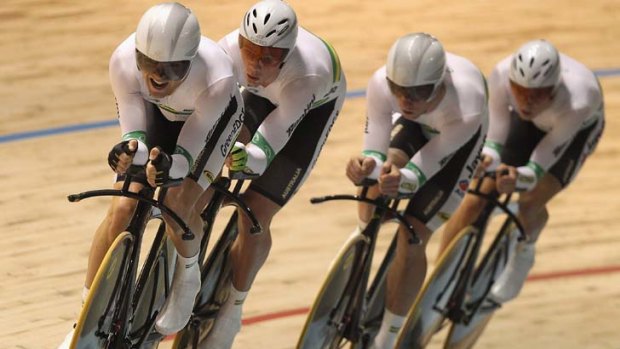 Pedalling success ... Team Australia compete in the men’s team pursuit final last night at the world championships in Melbourne.