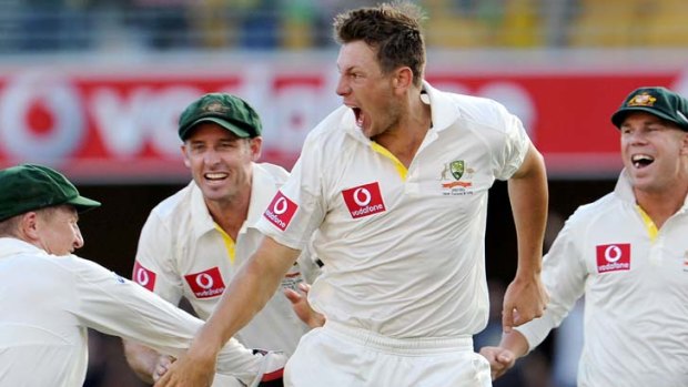 Crucial &#8230; James Pattinson reacts to dismissing Brendon McCullum.