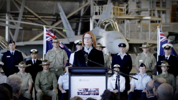 Prime Minister Julia Gillard announces the government's 2013 Defence White Paper at Fairbairn.