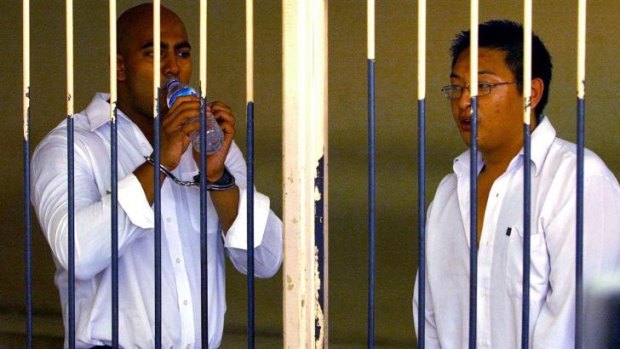 "Bali Nine ringleaders" Myuran Sukumaran (left) and Andrew Chan in a holding cell at Denpasar Court after they were sentenced to death for heroin trafficking in Denpasar, Bali.