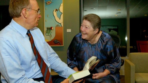 Then Premier Bob Carr with author Colleen McCullough discussing Roman history as a prelude to their Sydney Writers Festival session, in May 2004.