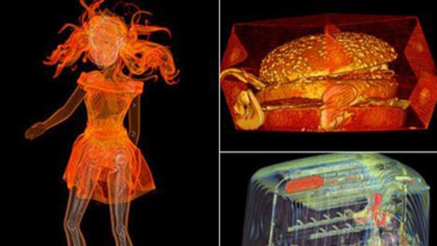 Radiology art ... a Barbie doll, Big Mac and toaster as seen through a CT scanner.