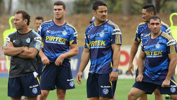 Looking to get up standard ... Eels coach Ricky Stuart with players at pre-season training at McCredie Park, Guildford.