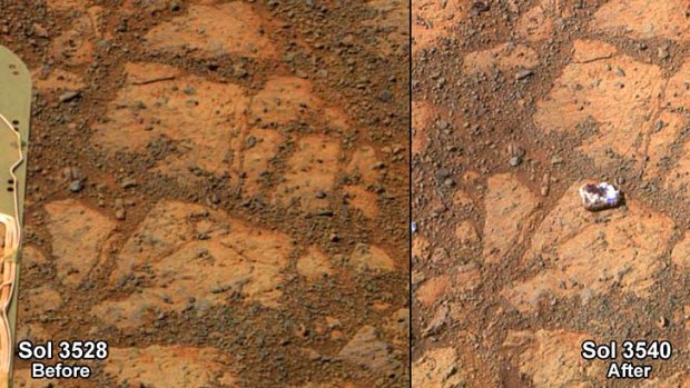 The surface of Mars in front of the rover on December 26, 2013 (left) and on January 8, 2014 (right).
