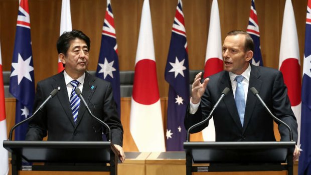 Prime Minister Tony Abbott and Japanese Prime Minister Shinzo Abe at a joint press conference in Canberra.