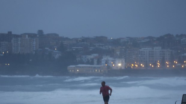 A lone jogger braves the elements at the Clovelly car park on Tuesday.