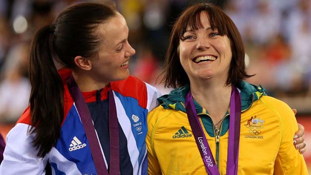 Champions ... Victoria Pendleton of Britain with Anna Meares.