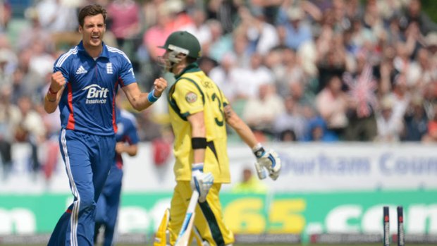 England's Steven Finn celebrates the wicket of Australia's Michael Clarke in a one-day match last month. England tops the table of the one-day rankings.