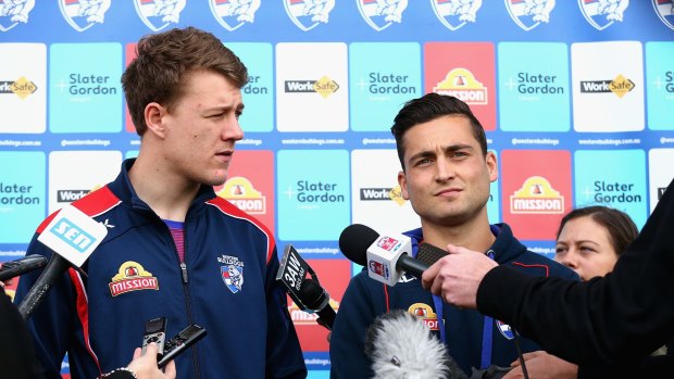Jack Macrae and Luke Dahlhaus field questions from the media on Monday.
