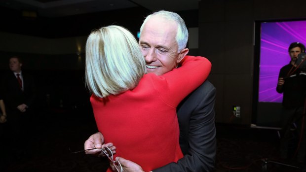 Lucy Turnbull hugs Prime Minister Malcolm Turnbull after the debate. 