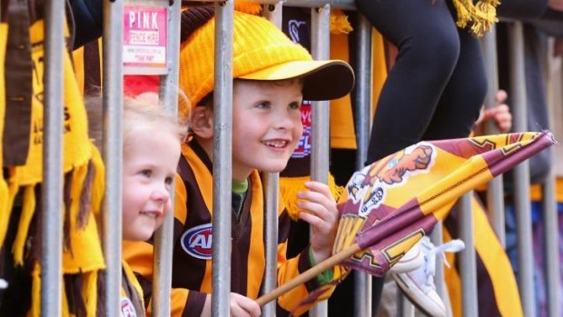 Hawthorn fans watch the grand final parade on Friday.