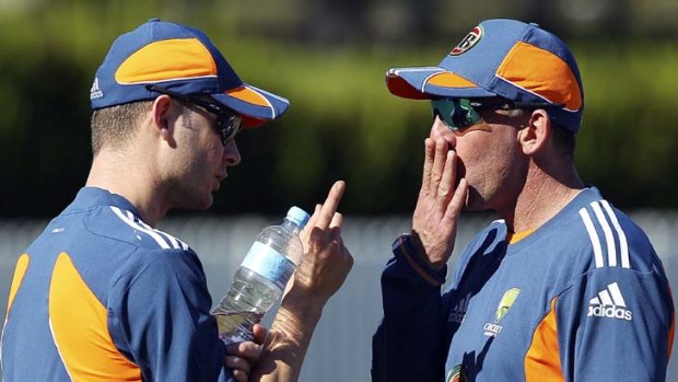 Pointed exchange ... Michael Clarke, left, in a heated discussion with Tim Nielsen in July.