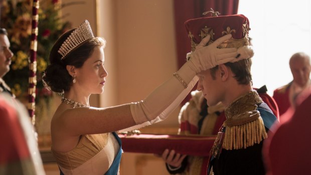 Queen Elizabeth II (Claire Foy) formally makes Philip (Matt Smith) a British Prince.