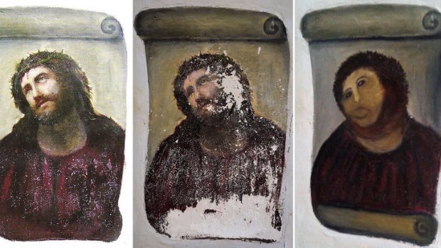Before and after &#8230; the original fresco of Christ, Ecce Homo, left and centre, which was transformed, right, by Cecilia Gimenez.