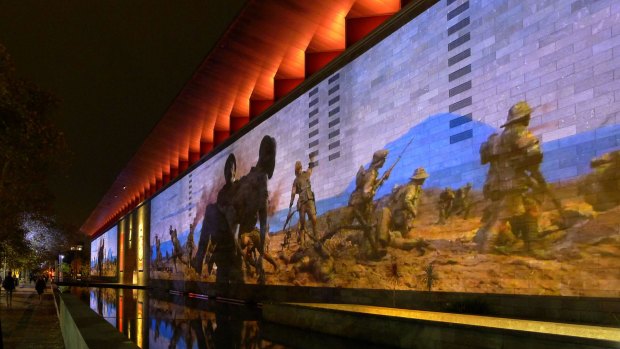 Ian de Gruchy's Anzac Projections on the exterior of the National Gallery of Victoria.