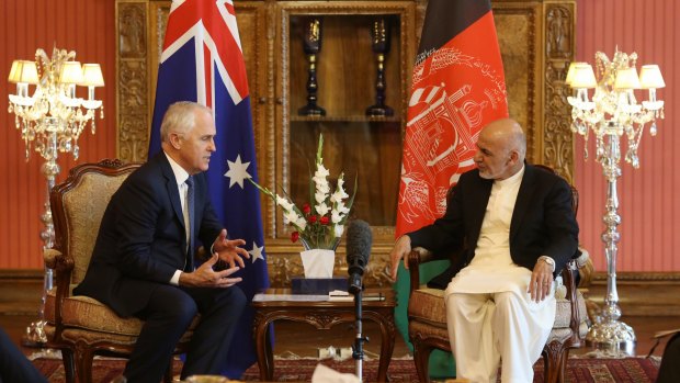Prime Minister Malcolm Turnbull met with Afghan President Dr Mohammed Ashraf Ghani at Dilkusha in the grounds of the Presidential Palace in Kabul, Afghanistan on Monday.