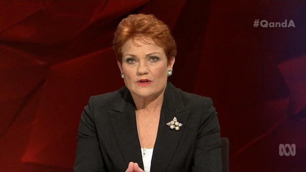 Pauline Hanson, the leader of the One Nation Party, on the ABC's <i>Q&A</i> on July 18.