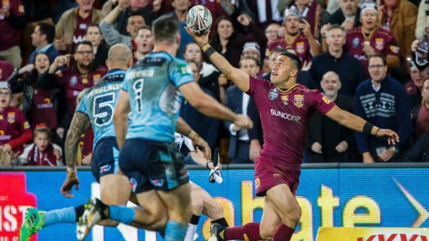 Hat-trick hero: Valentine Holmes did not look out of place in Origin.