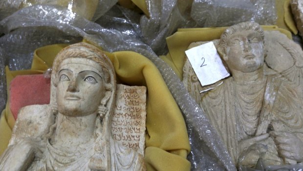 Antiquities in wrapping materials  in Damascus, Syria, this week. Thousands of priceless antiques from across war-ravaged Syria have been gathered in the capital, and are being stored safely. 