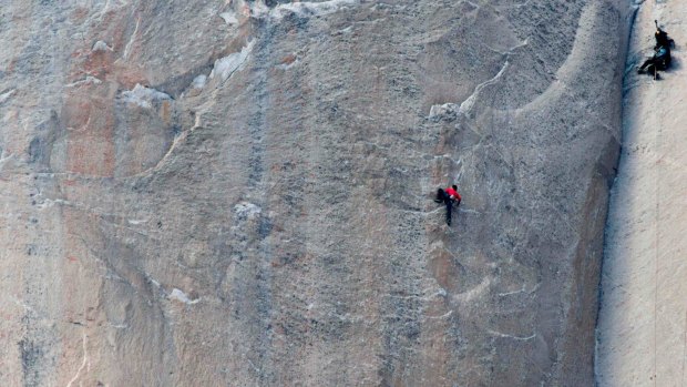 Kevin Jorgeson, left, and a cameraman on Pitch 18 of the climb. 