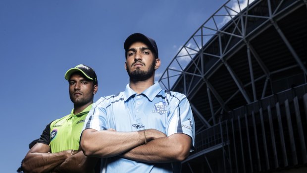 No stone unturned: Gurinder (green) and Harmon (blue) Sandhu. Harmon is undertaking an arduous training routine as he chases his cricket dreams.