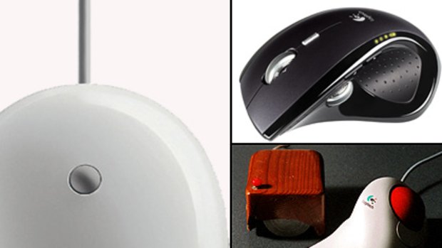 Clockwise from left: Apple's latest Mighty Mouse; Logitech's MX Revolution; and the first mouse invented beside one of its Logitech incarnations.