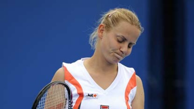 A disappointed Jelena Dokic during her defeat yesterday.