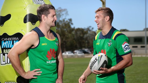 Sport.  Canberra Raiders players, from left, Jarrod Croker and Mitch Cornish are two Goulburn boys in key positions for the Raiders.  6 March 2015.  Canberra Times photo by Jeffrey Chan.