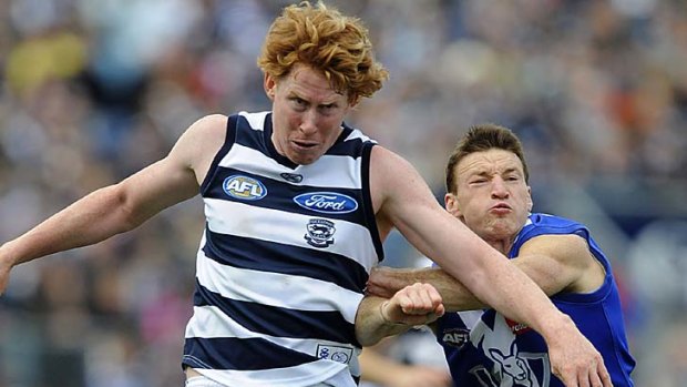 North's Brent Harvey competes with Geelong tagger Cameron Ling.