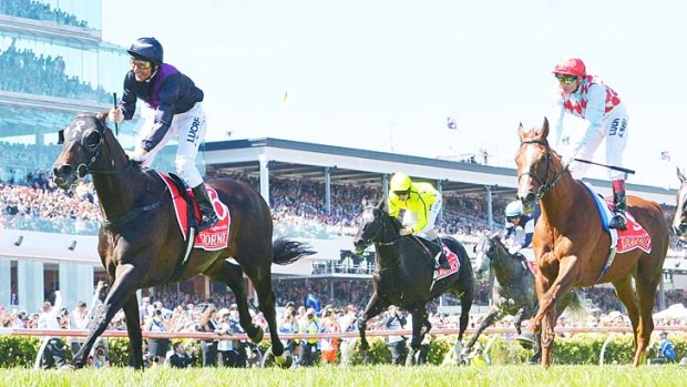 Hands and heels: Damien Oliver boots Fiorente (left) to victory in the 2013 Melbourne Cup.