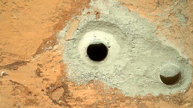 The hole in a rock where the rover Curiosity conducted its first sample drilling on Mars.