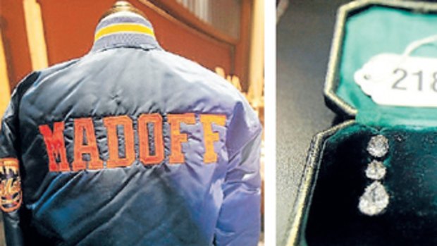 Left: Bernie Madoff’s Mets jacket. Right: Ruth Madoff’s diamond earrings.