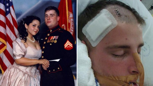 Appeal for information... Lance Corporal Brian Lee and his wife, left, and Lee in hospital after the attack, right.