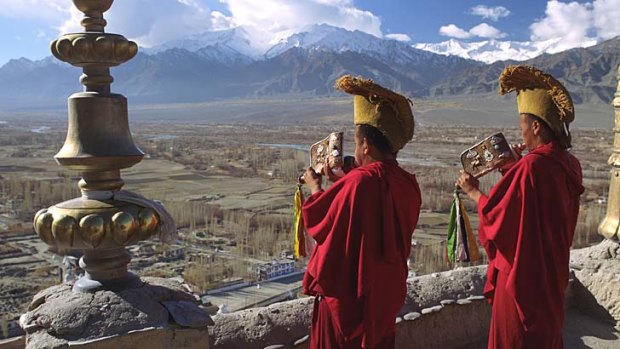 Sublime &#8230; monks blowing horns in Ladakh, India, is part of the religious theme that runs through the film.