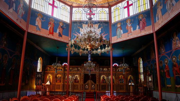 The Byzantine interior of the Greek Orthodox Monastery of Panagia Kamariani in Red Hill. 