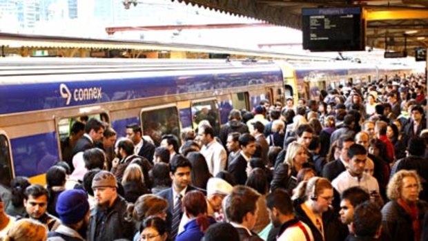 Train pain ... the scene facing commuters at Flinders Street Station.