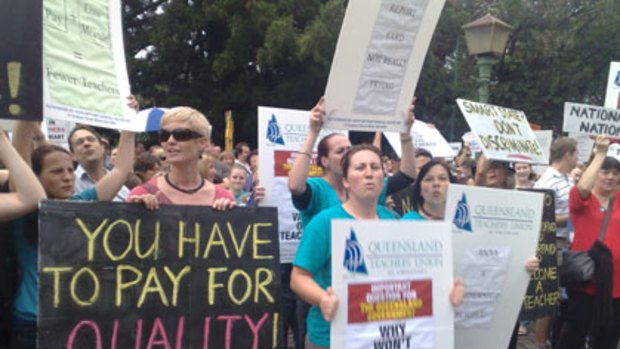 Queensland teachers protest outside Parliament House in May.