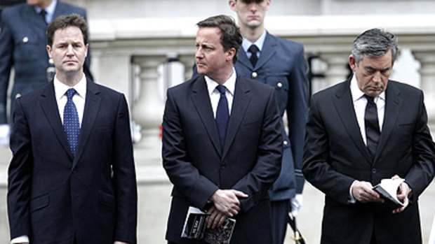 Three would-be kings: Nick Clegg, David Cameron and Gordon Brown at a VE Day memorial in London.