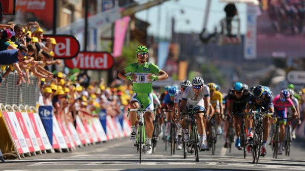 The Cannondale express:  Peter Sagan celebrates as he wins stage seven.