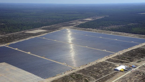 An aerial view shows the Lieberose solar farm, which became the world's second biggest solar power plant and Germany's biggest.