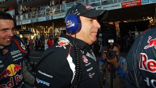 Red Bull Racing Australia team principal Roland Dane celebrates after Jamie Whincup won the Sydney 500.