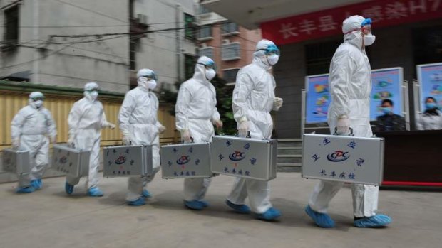 Medical workers in Hefei, China, take part in a drill that simulates human infection of the H7N9 flu virus.