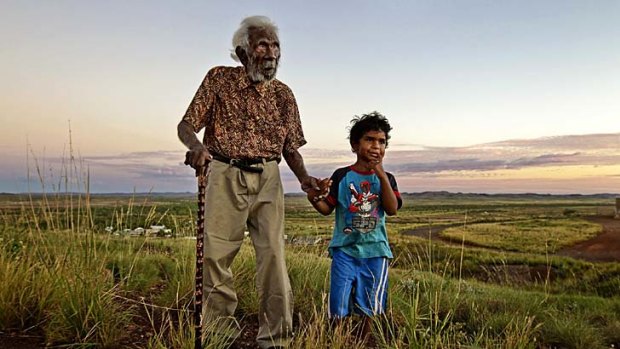 Ned Cheedy, the oldest of the Yindjibarndi people, with his great grandson Will Woodley, in Roebourne.