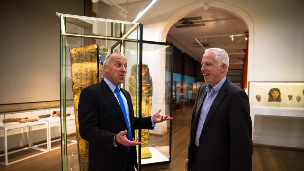 Sydney University has been given $15 million to build the  new Chau Chak Wing museum. Vice-chancellor Dr Michael Spence, left, and David Ellis, Director of Museums at the university, discuss the gift.