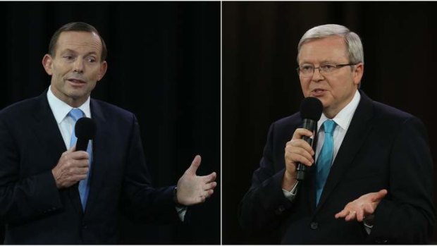 Prime Minister Kevin Rudd and Opposition Leader Tony Abbott at the People's Forum at the Rooty Hill RSL in Sydney.