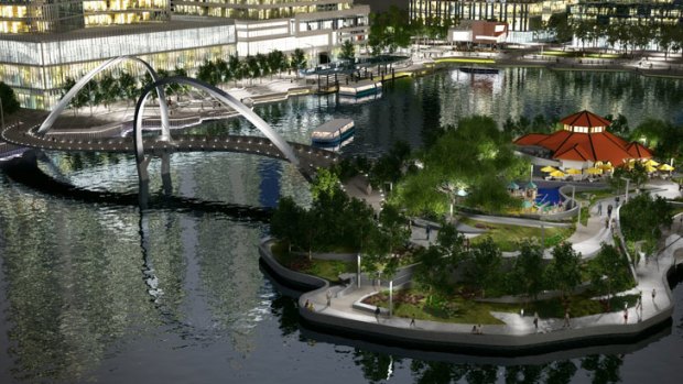 An artist impression of the 110 metre-long Elizabeth Quay pedestrian bridge.