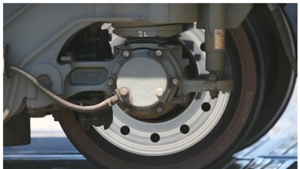 The wheels of a Siemens train.